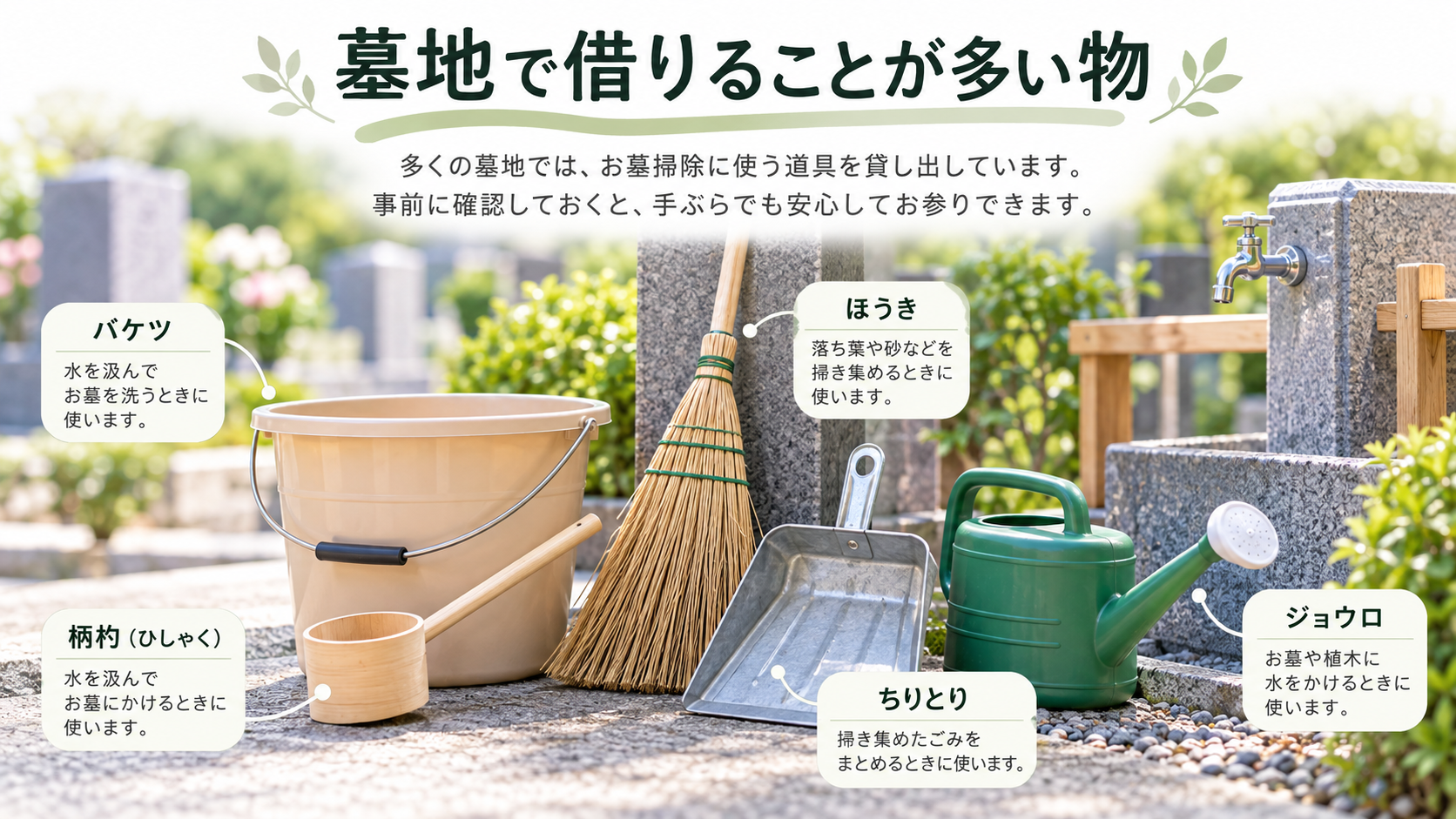 墓地で借りられることが多いお墓掃除の道具